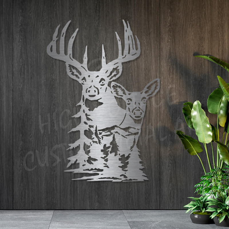 2 deer in the trees steel wall art