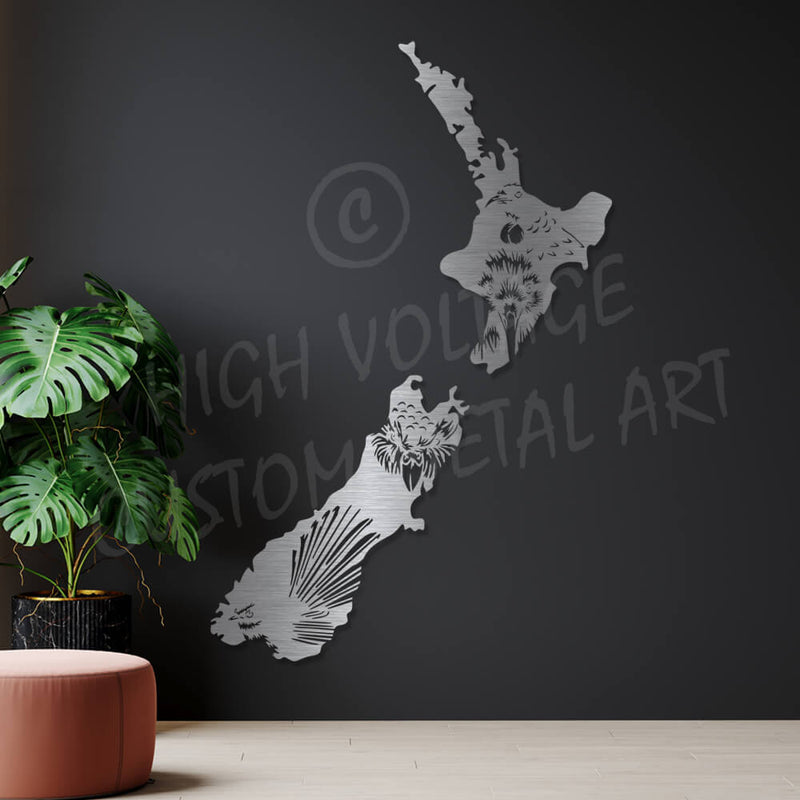 steel wall art map of nz with native birds