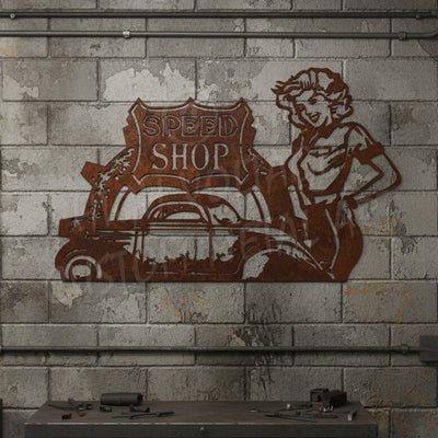 Metal sign with 'Speed Shop' and a pin-up girl design on a stone wall.