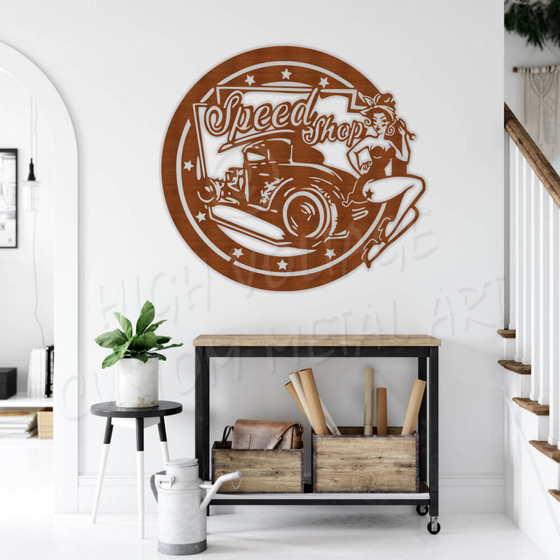 retro speed shop steel wall art