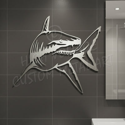 Metal shark sculpture on a tiled wall