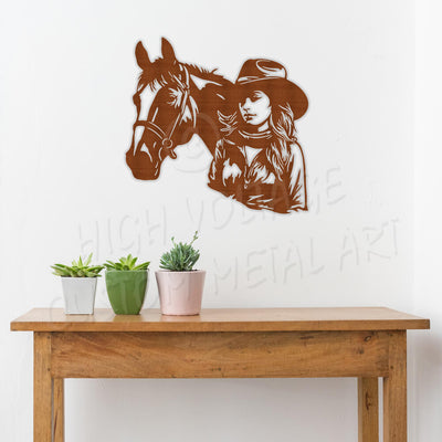 cowgirl & horse steel wall art