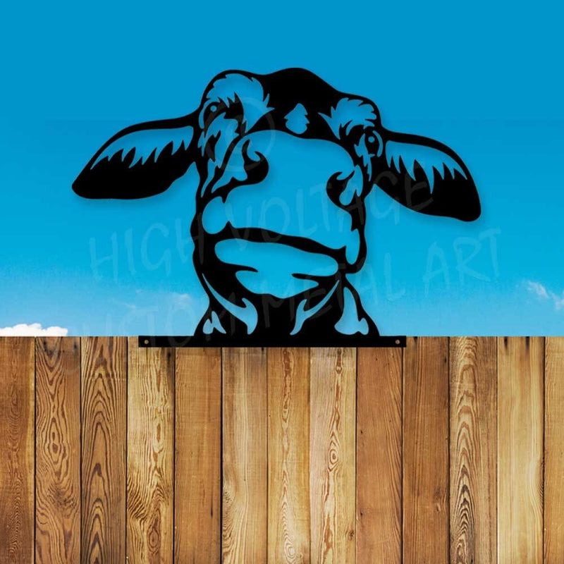 Fence Peeking Cow Steel Art