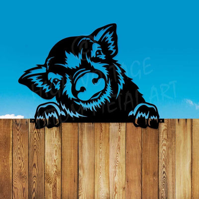 Fence Peeking Pig Metal Art